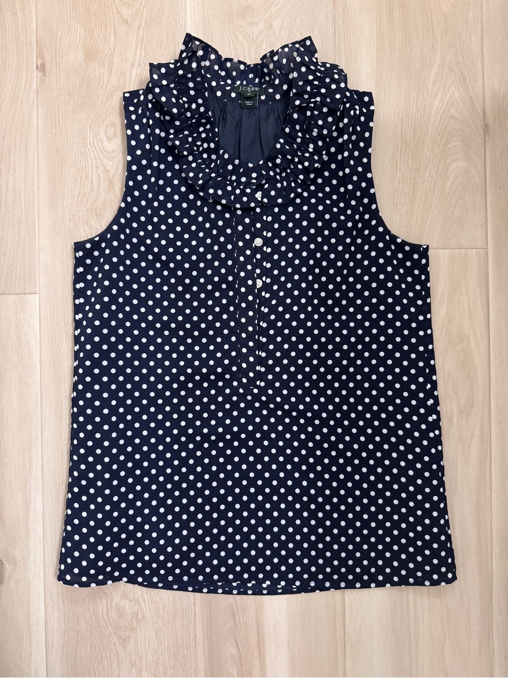 J. Crew Navy & White Polka Dot Ruffle Neck Sleeveless Blouse Size 00 XS